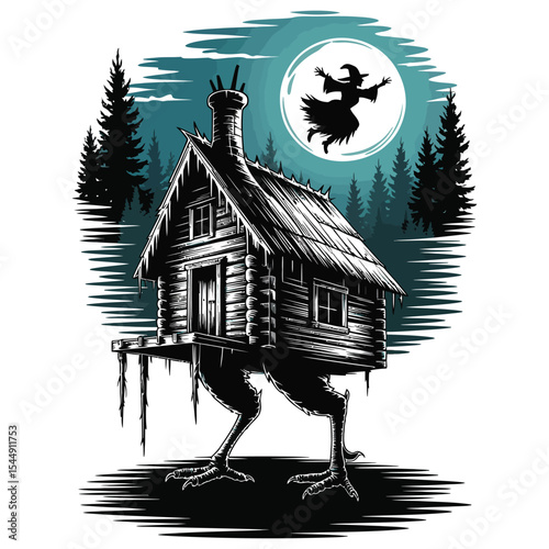Creepy witch cabin silhouette on chicken legs in a foggy forest with full moon and flying witch