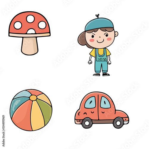Funny cartoon car set with kids and nature elements