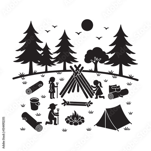 Children building a fort together while camping in the forest at night