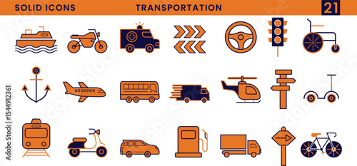 Transportation Vector Solid Icon Set. Different Types of Vehicle Solid Icons. Travel and Transit Outline Icons.