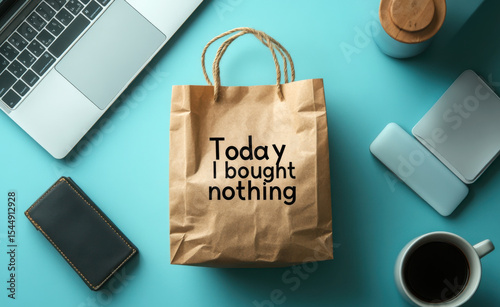 flat lay with a paper shopping bag puffed with air and labeled “Today I bought nothing”