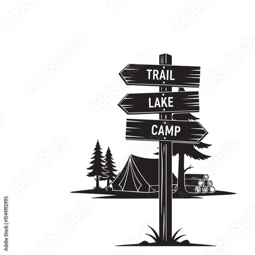 A Vintage Monochrome Camping Scene with a Directional Signpost to Adventure