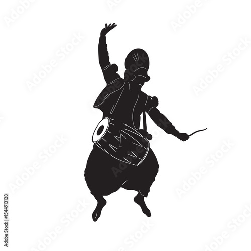 Silhouette of a Bhangra Dancer with a Dhol Drum Jumping in the Air