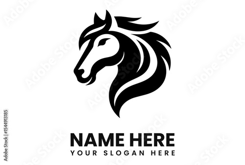 Stylized black horse head logo design, elegant profile, mane flowing,  placeholders for name and slogan.
