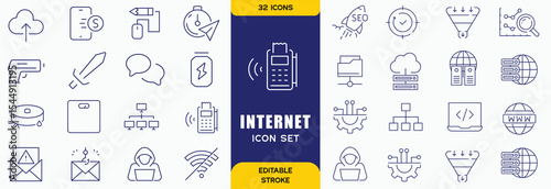Internet Technology outline icons set. The collection includes business and development, programming, web design, app design, and more.