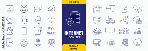 Internet Technology outline icons set. The collection includes business and development, programming, web design, app design, and more.