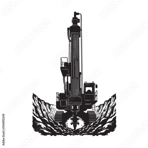 Powerful drilling machine digging deep into the ground in a quarry