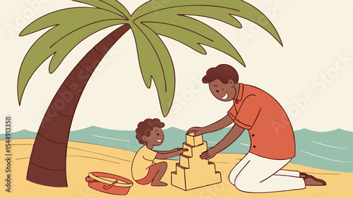 A father and son building a sandcastle together on a beach under a palm tree with a bucket nearby