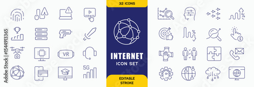 Internet Technology outline icons set. The collection includes business and development, programming, web design, app design, and more.