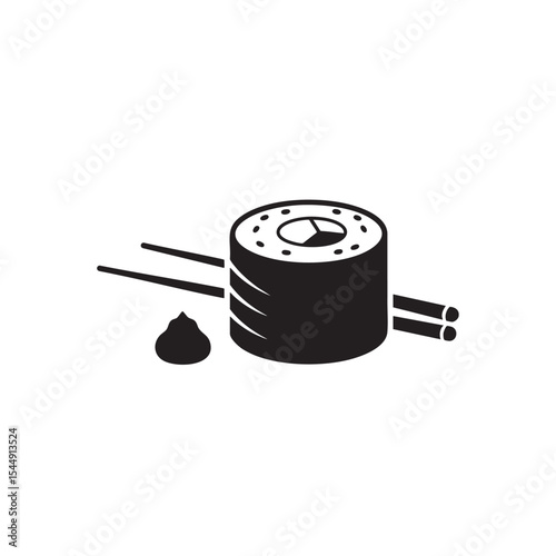 Monochrome illustration of a sushi roll with chopsticks and wasabi