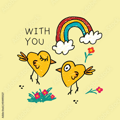 cute yellow bird couple doodle vector