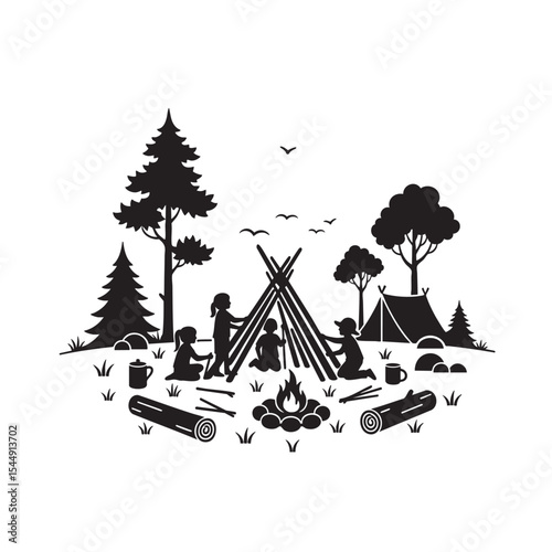 Children building a campfire and a teepee in a forest camping scene
