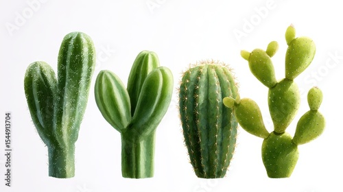 A hand-painted watercolor cactus set with soft shadows, white background, 16:9