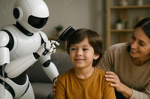 Innovative Home Robot Gently Combing Boy’s Hair Futuristic Caregiving Moment