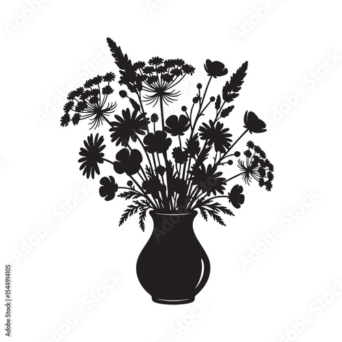 Elegant silhouette of wildflower bouquet in vase with detailed floral arrangement
