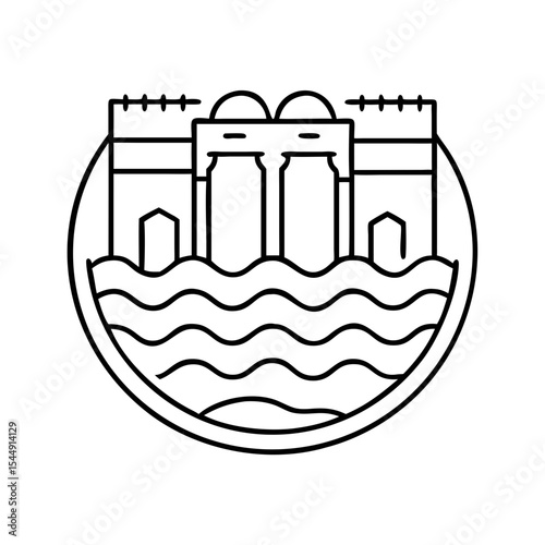 A vector illustration icon of a dam over wavy water, symbolizing urban water supply and hydro energy concept for graphic design in line art style