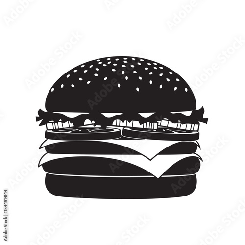 Monochrome illustration of a classic beef hamburger with layers of toppings