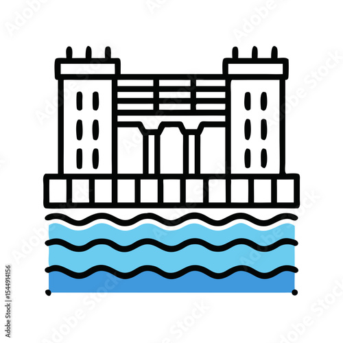 Urban water supply system icon showing a dam with water for power generation, a vector illustration in outline flat design