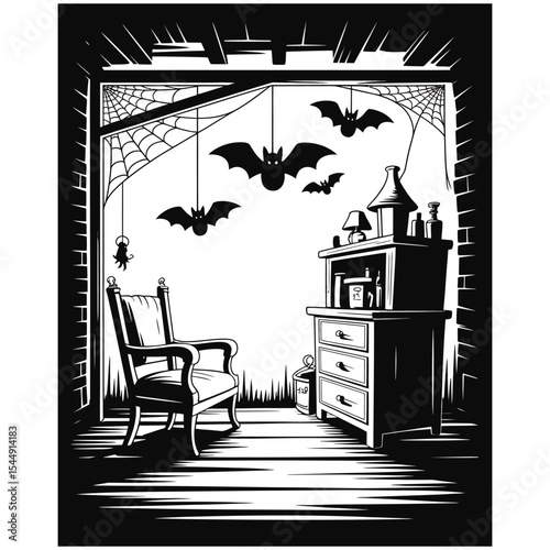 A spooky attic silhouette with old furniture, bats, cobwebs, and creaky floor in black vector background for Halloween scenes