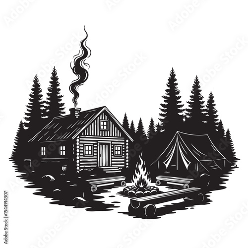 Black and white campsite with a cozy cabin in the woods