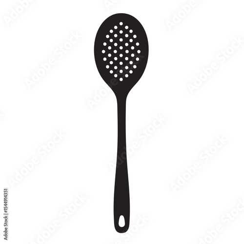Elegant black and white illustration of a slotted spoon or skimmer utensil