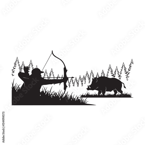 Silhouette of an Archer Aiming at a Wild Boar in the Forest