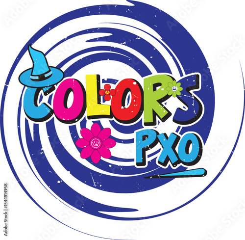 Colors PXOMagic in Every Hue”

It reflects the vibrant lettering, the wizard hat, and floral accents—suggesting creativity, imagination, and a touch of enchantment.
