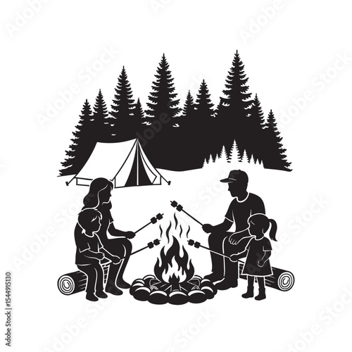 Family camping trip roasting marshmallows over a campfire surrounded by trees