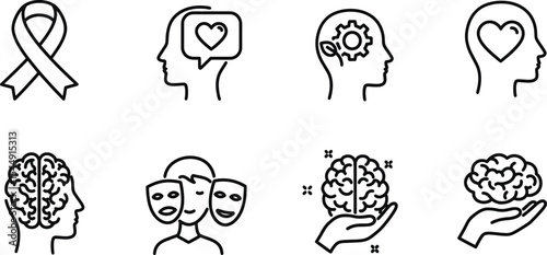 Mental Health Awareness Icons of Empathy, Support, and Brain Health