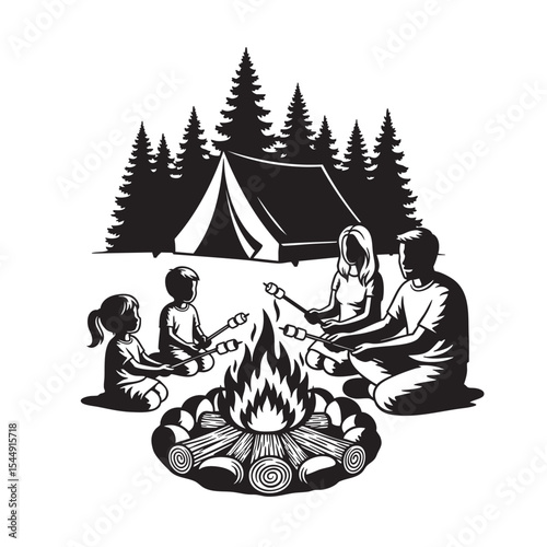 Family camping trip around a campfire roasting marshmallows with forest tent