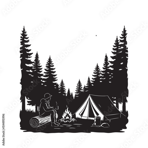 Evening solitude camping scene with tent, campfire, trees and starry sky