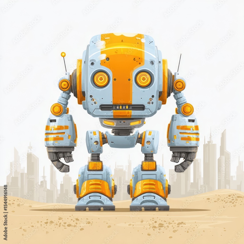 Fototapeta premium Cute Orange Robot Character Standing in a City