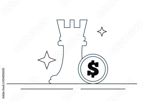 Coin and Chess Figure Money Tournament Game Line Art. Sports game and official competition with monetary reward vector