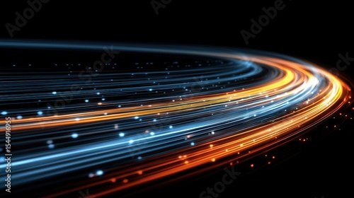 High speed light with blue and orange stripes in abstract, futuristic technological concept, showing motion blur against fast forward timeline background, creating a captivating visual effect that rep