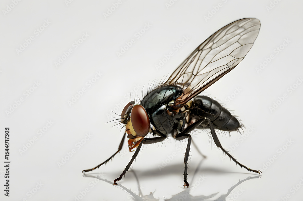 Fototapeta premium Macro Photography Housefly with Open Wings - Detailed Insect Image