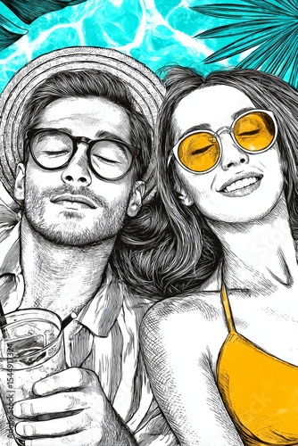 A fashionable couple relaxes by a vibrant blue pool, radiating summer joy. The man holds a drink, while both wear sunglasses, showcasing a carefree atmosphere.