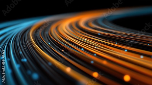 High speed light with blue and orange stripes in abstract, futuristic technological concept, showing motion blur against fast forward timeline background, creating a captivating visual effect that rep