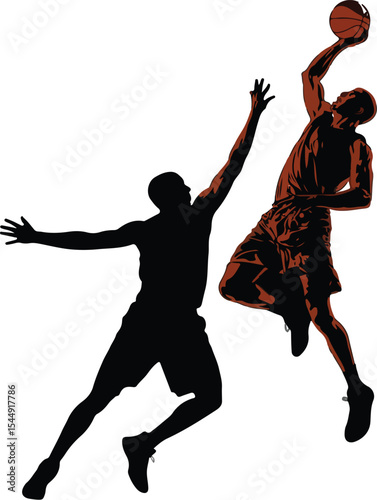 Two basketball players in action one jumping with the ball and the other defending the shot attempt