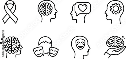 Mental Health Awareness Icons Representing Brain, Emotions, and Support