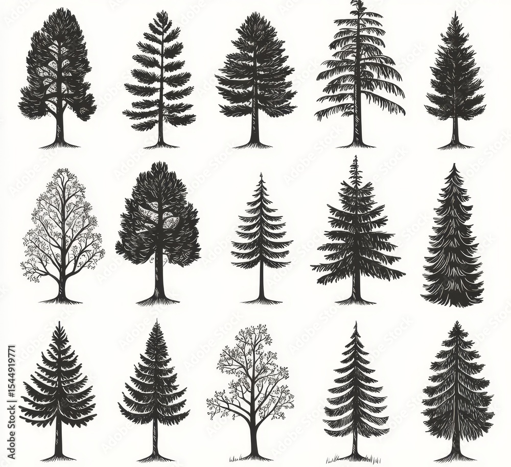 Fototapeta premium Outdoor travel badges display modern illustrations of abstract coniferous tree drawings with black silhouettes of pine, spruce, cedar, and plant leaves on natural tops