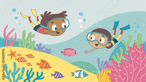 Two cartoon children snorkeling in ocean with colorful fish and coral reef on light blue background scene