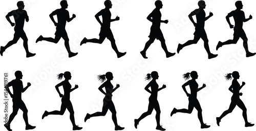 Running silhouettes of men and women in motion, black vector illustration on white background, fitness workout, marathon training, joggers exercising, healthy lifestyle concept for graphic use