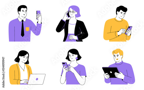 "People Using Phones, Tablets, and Laptops Flat Vector"