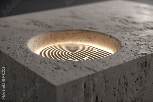 Fingerprint embedded in textured stone block with glowing light, symbolizing security and technology in minimalist style. close up highlights contrast between natural material and modern design