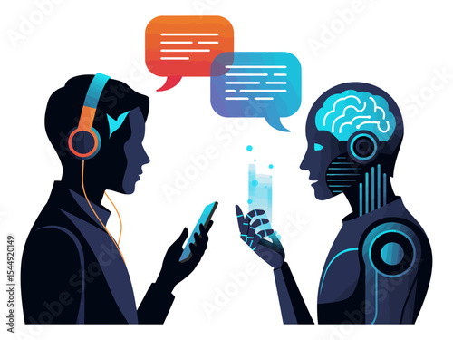 “Digital Human-Robot Conversation Illustration – Minimalist Tech Interaction with Speech Bubbles”