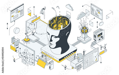 “Isometric AI Concept Illustration – Black and White Head with Yellow Circuitry and Tech Elements”