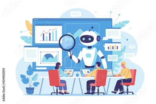 “Collaborative AI Office Scene – Flat Design with Data Analytics and Teamwork”