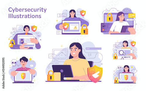 “Cybersecurity Workflow Vector Set – Secure Login, Data Protection, and Cloud Security Scenes”