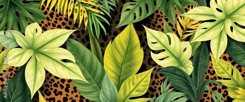 Modern exotic jungle plant & leopard print seamless pattern collage , element, contemporary