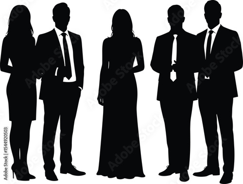 Silhouette group of people in formal attire, business suit, evening gown, elegant team, standing pose, professional outfit, vector illustration for fashion, corporate or event themes
